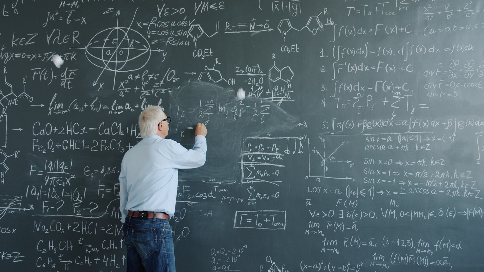 Chalkboard covered in mathematical equations