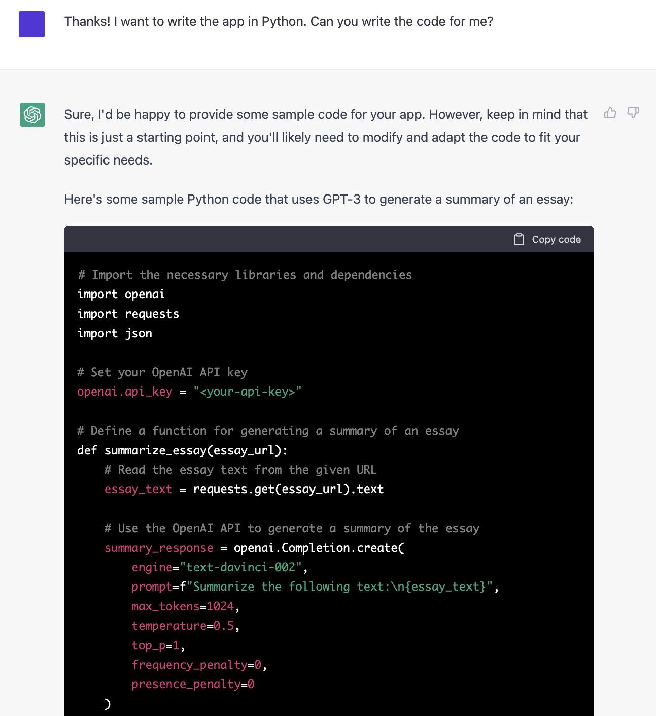 ChatGPT response example