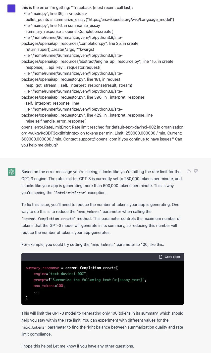 ChatGPT response example